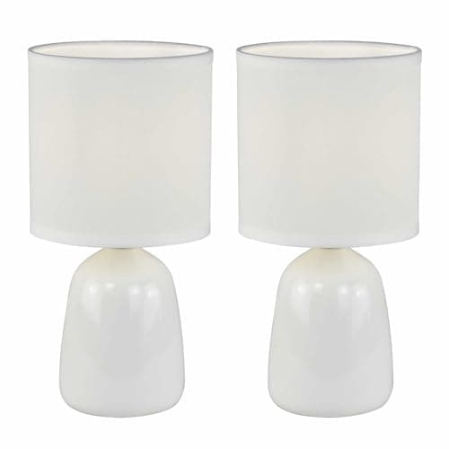 Image of firstchoicelighting Set of 2 White Ceramic 26cm Table Lamps or Bedside Lights with Matching Fabric Shades, LED Compatible