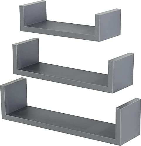 Image of HOMION Floating Shelf Set Of 3 Different Sizes U Shape Wooden DIY Display Unit Shelves U shaped Wall Mount Shelf Living Room Kitchen Garage Caravan Camping Room Storage Shelves (Grey)