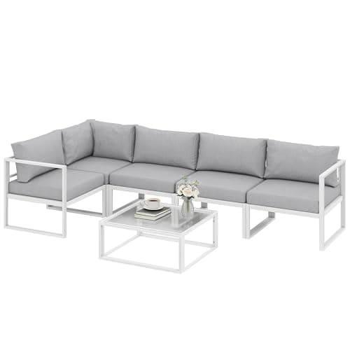 Image of Outsunny 5 Seater Aluminium Garden Furniture Set, Extra Deep Garden Sofa Set with Coffee Table and Thick Cushions, Furniture Conversation Sets for Patio and Balcony, Outdoor, Light Grey