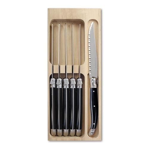 Image of Laguiole 6 x Steak Knifes | Black Colour | Knifes Set In wooden Tray | Made In France