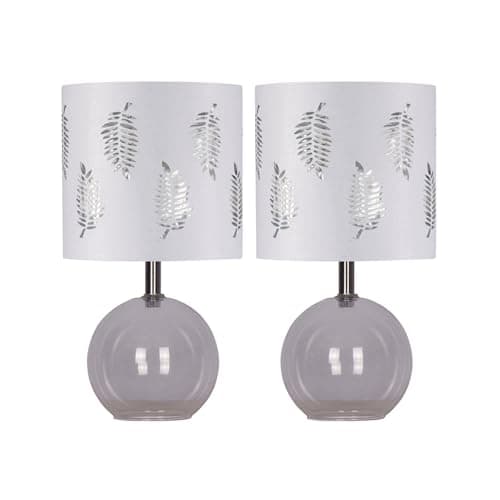 Image of firstchoicelighting Set of 2 Clear Glass Globe Table Lamps or Bedside Lights, Modern Design, Height 30cm, White Fern Shade, LED Compatible