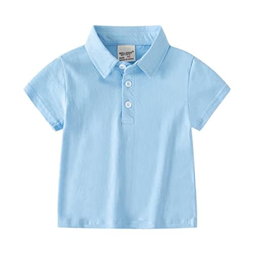 Image of Baby and Toddler Boys Classic Short Sleeve Polo Shirt Summer Solid Color Dress Shirt Top for Boys (Light Blue, 12-18 Months)