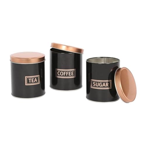 Image of Harbour Housewares 3pc Tea Coffee Sugar Canisters Set – Black & Copper Round Metal Kitchen Storage Tins with Airtight Lids – Modern Industrial Food Caddy Containers for Countertop Organisation