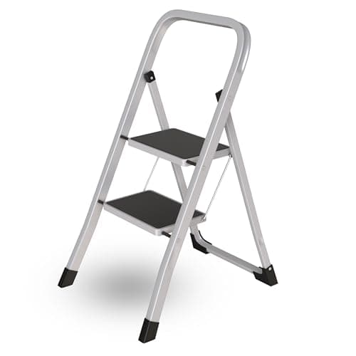 Image of 2 Step Ladder | Portable Folding Ladders | Lightweight Sturdy Steel Ladder | Anti Slip Feet | Non-Slip Safety Treads | Easy to Store Step Stool | DIY Gardening Kitchen Garage Grey