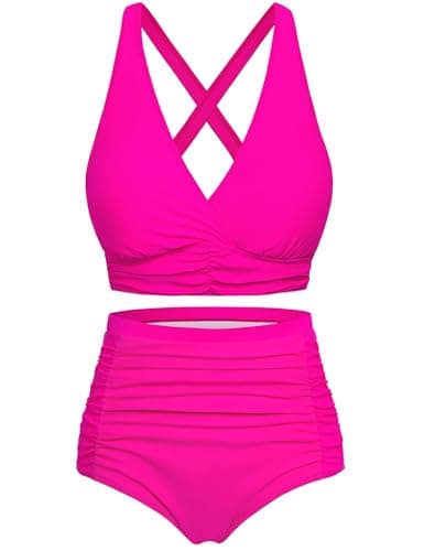 Image of Voqeen Womens Bikini Sets High Waisted 2 Piece Swimsuit Padded Push Up Bikini Top & Bottoms Tummy Control Ruched Bathing Suits Vintage Halter Swimming Costume Beachwear Ladies Swimwear Pink