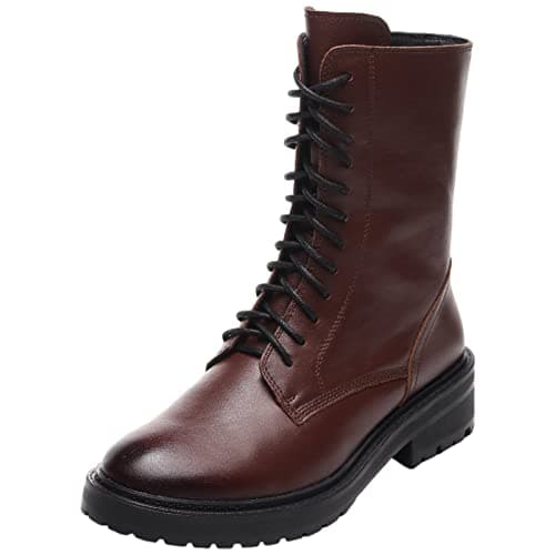Image of rismart Women's Biker Boots Leather Mid-Calf Vintage Combat Shoes SN02932(Brown,3.5 UK)