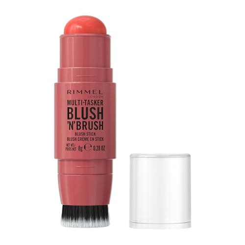 Image of Rimmel Multi Tasker Blush'N'Brush, Dual-Ended Blush Stick with Built-in Brush, Cream-to-Powder Formula for a Smooth, Weightless Finish, Coral Dust, 8g