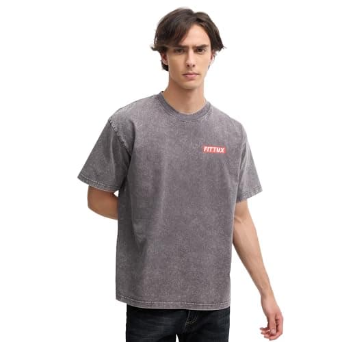 Image of FITTUX Oversized Washed Distressed T-Shirt (UK, Alpha, M, Regular, Regular, Grey)