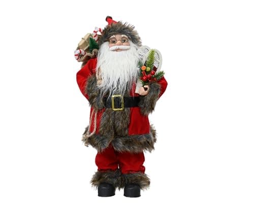 Image of Kaemingk Traditional standing santa - father christmas figure - 30cm christmas figurine - plain red fur trim coat holding sack and canadian snowshoes - indoor standing santa decoration.
