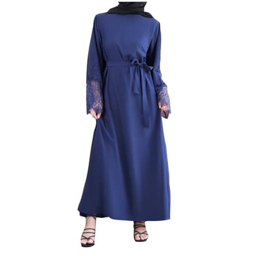 Image of AnnSemo Women Muslim Dress Middle East Arabian Robe Islamic Lace Stitching Long Sleeve Maxi Dress Temperament Prayer with Belt Abaya Jilbab Dubai Kaftan for Eid Ramadan