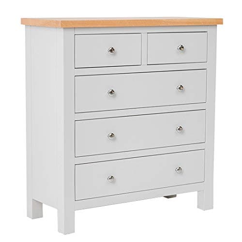 Image of RoselandFurniture Farro Grey Chest of Drawers for Bedroom Tall Contemporary 2 over 3 Solid Wooden Painted Storage Chest with Oak Top | Fully Assembled