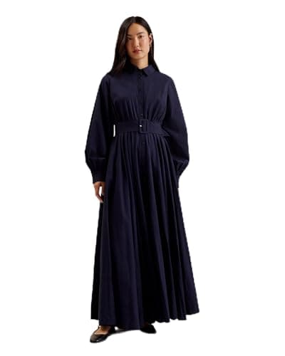 Image of Ted Baker Womens WMD-ene-Button Down Maxi Shirt with Belt Business Casual Dress, Navy, 6 UK
