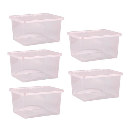 Image of Homey Mart 5-Pack x 30L Stackable Storage Boxes with Lids – Clear Plastic Crystal Containers – Medium Storage Bins for Home, Office & Toys – Click Lid – Made in UK – Dusky Orchid Pink