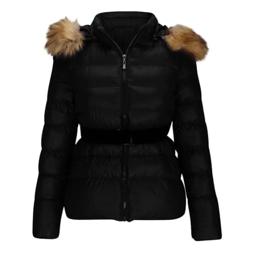 Image of Winter Jackets for Women UK Warm Puffer Coat Zipper Cropped Quilted Jackets Ladies Parka Jacket Slim Fit Down Padded Coat with Belt Faux Fur Trim Overcoat Thick Windproof Outerwear with Fur Hood