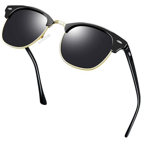 Image of KANASTAL Shiny Black Polarised Sunglasses Mens Womens Retro Half Frame Female Semi Rimless Sun Glasses UV400 - Gold Frame Black Lens