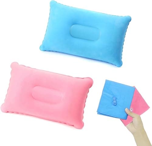 Image of MEETTIKEY Inflatable Camping Pillow, Ultralight & Compressible, Soft Waterproof Portable Blow Up Pillow for Camping, Hiking, Beach, Fishing & Office, 34 x 22cm (Sky blue & Pink)