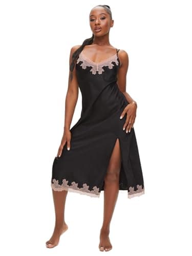 Image of Ann Summers Sorella Maxi Chemise Lace Trim Satin Nightdress with Side Split Ladies Long Nightdress with Adjustable Straps Chemise Nighties for Women, Flattering Womens Lingerie Dress Black