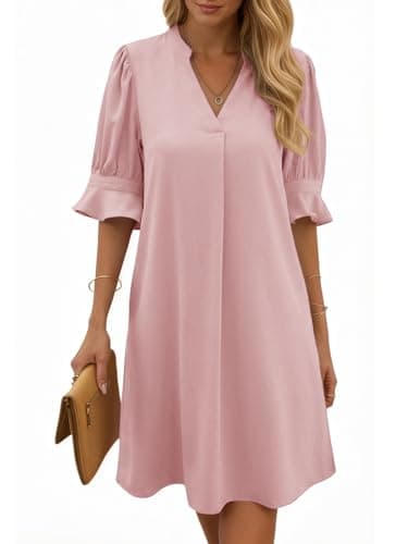 Image of Cicy Bell Women's V Neck Midi Dress Ruffle Half Sleeve Dresses Knee-Length Casual Dress Plain Casual Summer Dress Pink M
