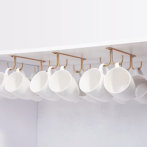 Image of FOMANSH Mug Rack Under Cabinet - Coffee Cup Holder, 12 Mugs Hooks Under Shelf, Display Hanging Cups Drying Hook for Bar Kitchen Utensils Gold