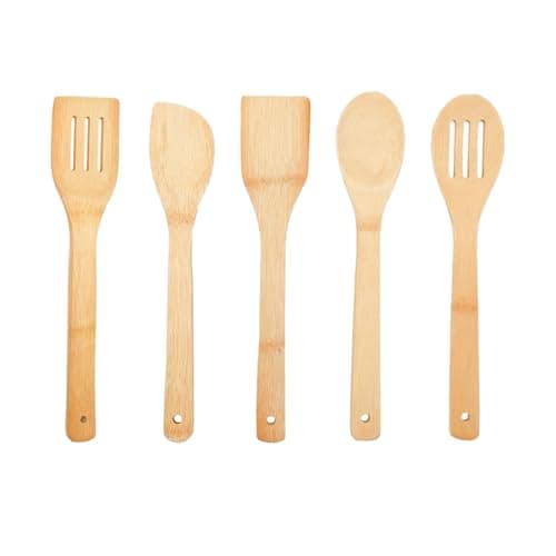 Image of 5PCS Wooden Kitchen Utensils for Non-Stick Cookware Tool Set Complete Set of Accessories Bamboo 30CM Spoon Spatula Turner Non-Toxic Deformable Durable Ergonomic Design