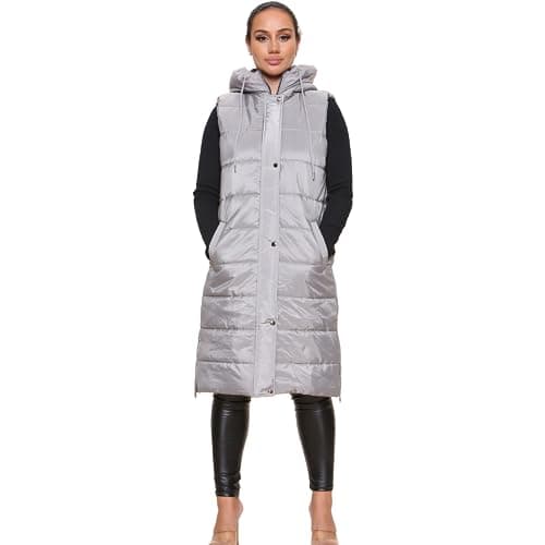 Image of Pixel Fashion WOMEN PUFFER GILET LONG LINE PADDED PUFFER JACKET WITH ZIPS ON SIDE (UK, Numeric, 20, Regular, Regular, Silver Grey)