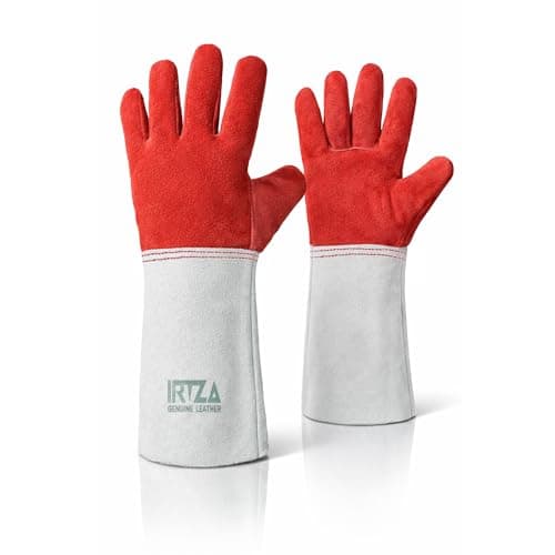 Image of Heat Resistant Welding Gloves - Industrial MENS Standard Welding Gauntlet, Size Large, Heavy Duty Leather MIG TIG Welder Gauntlets BBQ, Oven, Fireplace, Long Cuff Protective Work Gloves (Red&White)