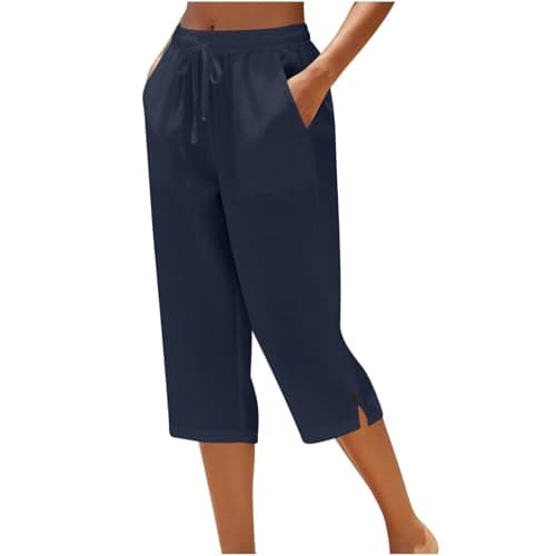 Image of HAOLEI Linen Trousers Womens UK, Ladies Summer Cotton Linen Trousers Wide Leg Casual Smart Elastic Waist Straight Leg High Waisted Palazzo Pants Side Split Going Out Loose Bottoms with Pockets Navy