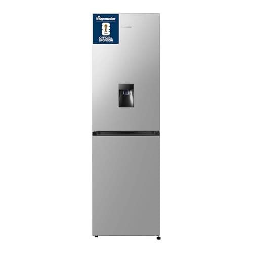 Image of Fridgemaster MC55251DES 55cm Freestanding 256 litre 50/50 Frost Free Fridge Freezer with Non-plumbed Water Dispenser - LED Lighting- 4 Star Freezer Rating -Silver - E Rated, H182.4 x W55 x D55.7 (cm)