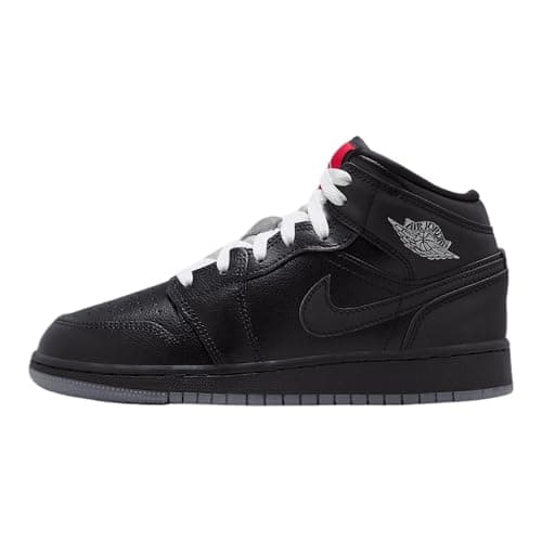 Image of NIKE Air Jordan 1 Mid SE GS Grade School Trainers Sneakers Fashion Shoes HV5180 (Black/Silver Metallic/University Red 010) Size UK5.5 (EU38.5)