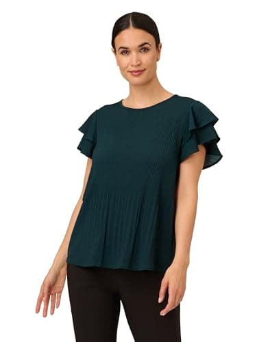 Image of Adrianna Papell Women's Pleated Knit Double Sleeve Top Blouse, Dark Evergreen/Black Seed Dot, M