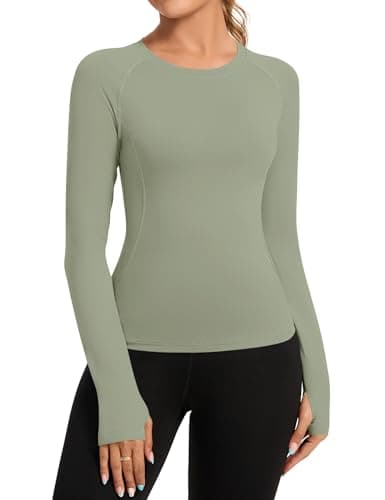 Image of Rapbin Women's Seamless Long Sleeve Shirts Breathable Yoga Running Plain Top Stretchy Sport Gym Fitness Basic T-Shirt Gray Green L