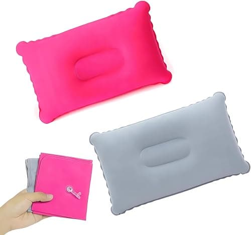 Image of MEETTIKEY Inflatable Camping Pillow, Ultralight & Compressible, Soft Waterproof Portable Blow Up Pillow for Camping, Hiking, Beach, Fishing & Office, 34 x 22cm (Rose Red & Grey)