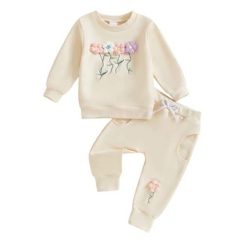 Image of Barbotimer Toddler Baby Girl Fall Winter Clothes 3D Flower Embroidery Sweatshirt Long Sleeve Pullover Tops Jogger Pants Cute 2Pcs Sweatsuit Tracksuit Set (Beige, 18-24 Months)
