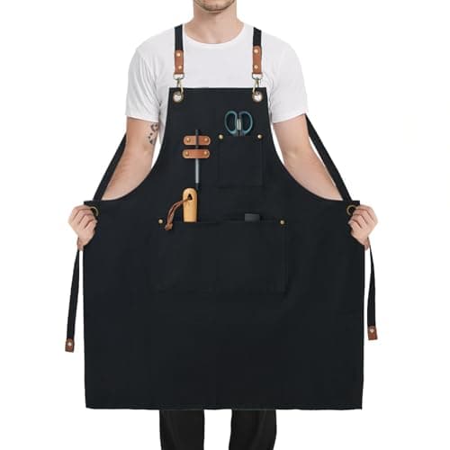 Image of FunChaos Plus Size Canvas Aprons, Kitchen Chef Aprons, Heavy Duty Work Bib Aprons for Men Women, Adjustable Cross Back Strap Aprons with Large Pockets for Cooking Gardening BBQ, Black