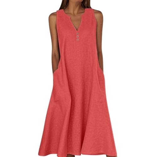 Image of Casual Cotton Linen Dress for Women UK Stylish Notched V Neck Sleeveless Tank Dresses with Pockets Vacation Beach Flowy Midi Sundress Buttons Trim Vest Dress Red