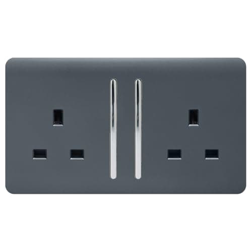 Image of Trendi 2 Gang Raised Artistic Modern Glossy Screwless 13 Amp Single Pole with Chrome Switched UK Standard Electrical Double Wall Plug Socket in Warm Grey - ART-SKT213LWG
