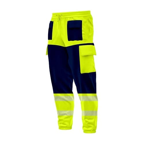 Image of TORO ACTIVA Mens Hi Vis High Visibility Contrast Multiple Pockets Cargo Trousers Bottoms Reflective Tape Drawstring Elasticated Waist Ankle Workwear Joggers Navy Yellow
