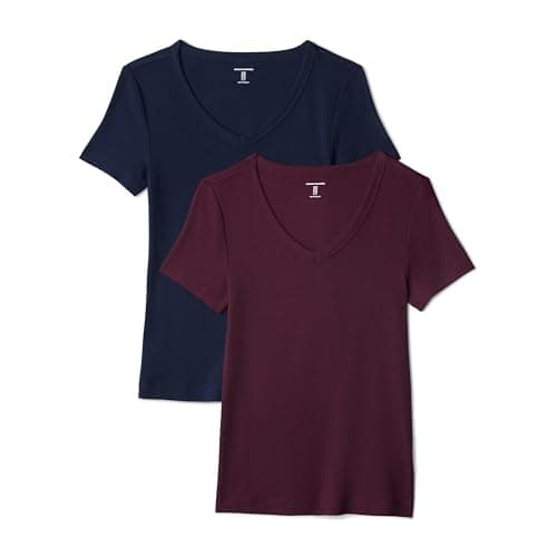 Image of Amazon Essentials Women's 2-Pack Slim-Fit Short-Sleeve V-Neck T-Shirt, Pack of 2, Burgundy/Navy, L