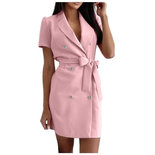 Image of Generisch Black Mini Dress Double Breasted Holiday Elegant V-Neck Short Sleeve White Belt Women Dress Sexy Transparent, pink, S