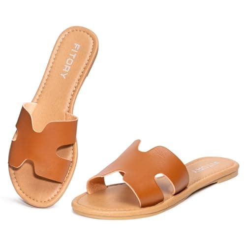 Image of FITORY Women's Fashion Sandals Summer Casual Dressy Slip On Comfortable Leather Flat Slides On Indoor/Outdoor Warm Brown Size 6