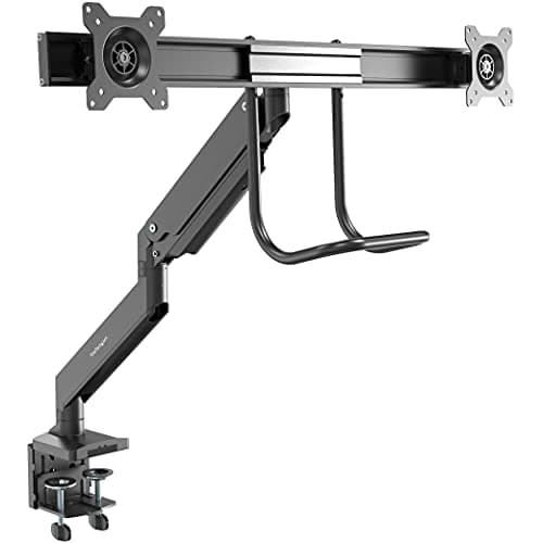 Image of StarTech.com Desk Mount Dual Monitor Arm - Ergonomic Monitor VESA Mount 32" (17.6lb/8kg) Displays - Crossbar Handle for Synchronized Full Motion - Height Adjustable - C-Clamp/Grommet (ARMSLMBARDUO)