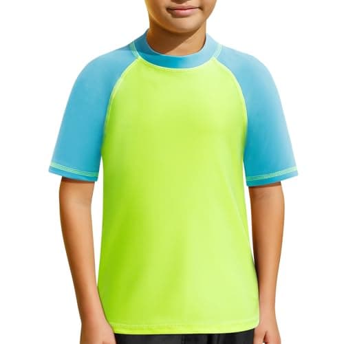 Image of MASOCIO Boys Rash Vest Kids Swim Top Short Sleeve UV Sun Protection Rash Guard 5 Childrens Swimming Shirts Suit Swimwear Age 6 Years Green Blue