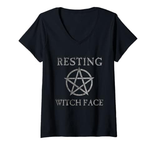 Image of Womens Resting Witch Face T-Shirt Funny Halloween Pentagram Vintage V-Neck T-Shirt