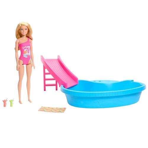 Image of Barbie Doll and Pool Playset, Blonde in Tropical Pink One-Piece Swimsuit with Pool, Slide, Towel and Drink Accessories, HRJ74