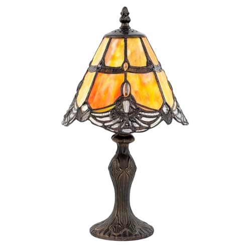 Image of Happy Homewares Quirky and Petite Amber Orange Stained Glass Tiffany Lamp with Transparent Oval Beads | 35cm x 19cm | Ornate Bronze Base with Inline Switch