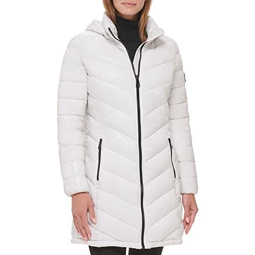 Image of Calvin Klein Women's Long Chevron Puffer Jacket Down Coat, Quilted Smoke/Silver, L