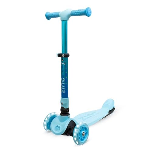 Image of Zinc Flyte 3 Wheeled Kids Scooter for Ages 2+ - Foldable & Adjustable Three Wheeled Scooter with Lean ‘n’ Steer, Rear Footbrake & Light Up Wheels - Sturdy Design for Boys & Girls, Blue