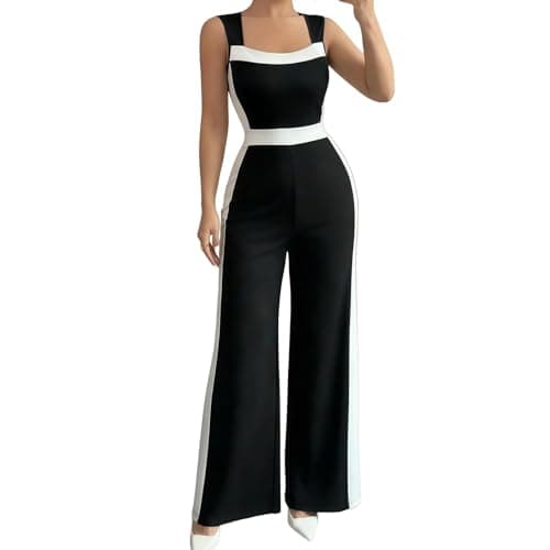 Image of SamHeng Black Work Jumpsuit for Women Black Square Neck Sleeveless Wide Leg Office Jumpsuits Romper Elegant Summer Playsuit One Piece Going Outfits L