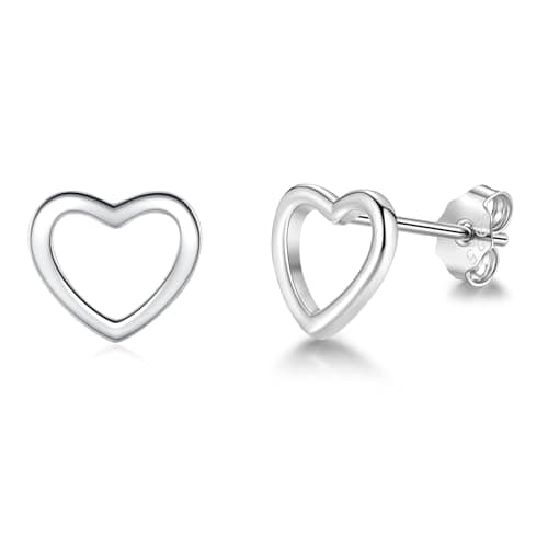 Image of Loutade Silver Stud Earrings for Women, 925 Sterling Silver Heart Stud Earrings, Hypoallergenic Cartilage Sleeper Simple Love Heart Shape Silver Earrings, Mini Flat Silver Plated Open Heart Earrings