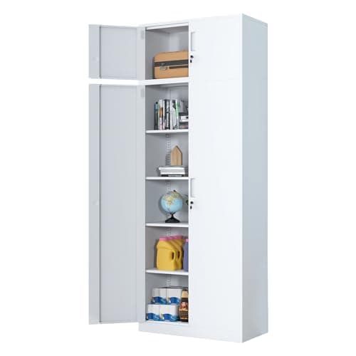 Image of iJINGUR Metal Storage Cupboard with Locking Doors and 4 Adjustable Shelves, Extra Tall Lockable Steel Storage Cabinets for Home Office Garage Kitchen Pantry (White)